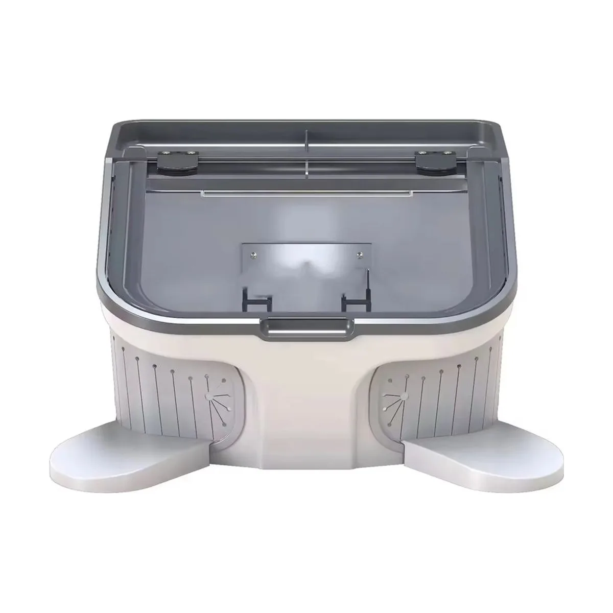 Gray and white enclosed dust cover workstation with tinted transparent lid, front handle and extendable elbow rests on both sides, studio shot