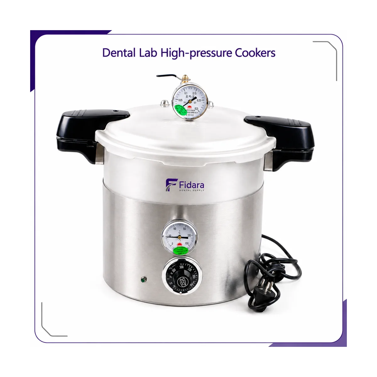 Stainless steel pressure pot with lid-mounted pressure gauge, front temperature gauge and control dial, black side handles and power cord