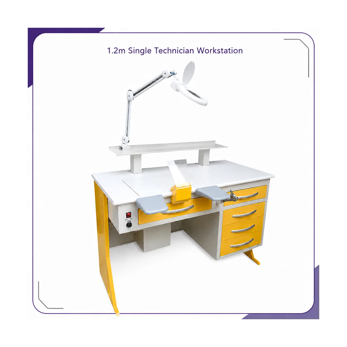 Studio render of the white and yellow LZ120-S1 single workstation showing the articulated magnifying lamp, two grey armrests, air gun and right-side drawer bank