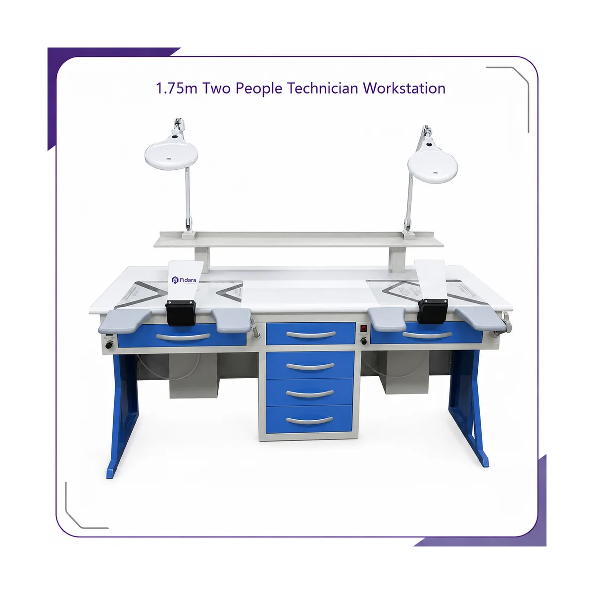 Studio render of the blue and white two-person workstation with two magnifying lamps, four armrests and a central drawer bank