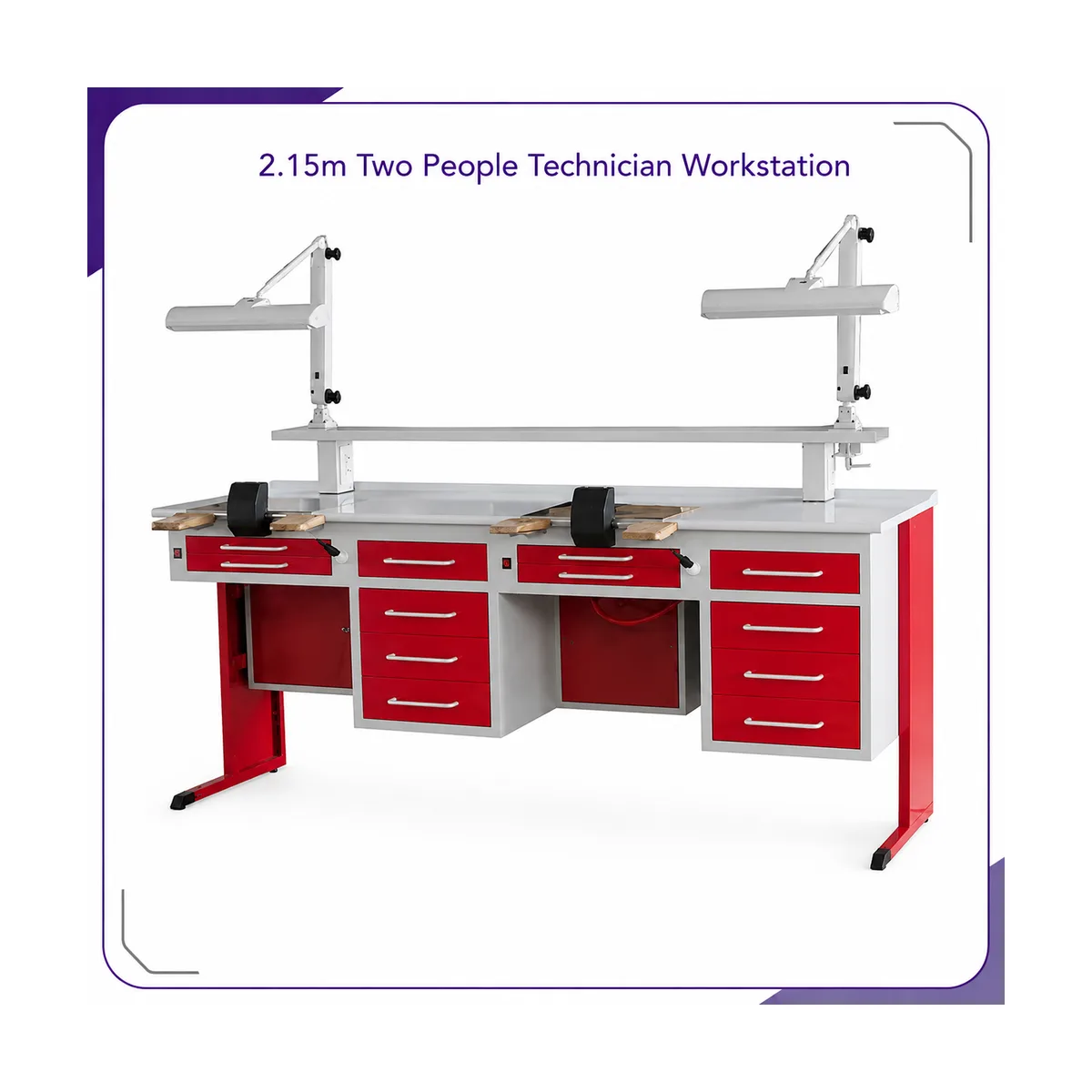 Studio render of the red and white 2.15 m two-person workstation with two articulated lamps and drawer banks on both sides