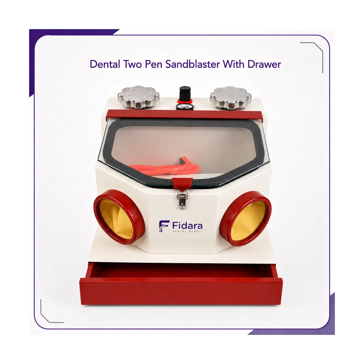 White twin-pen sandblaster with Fidara logo, viewing window, two glove ports, and red drawer pulled open at the base