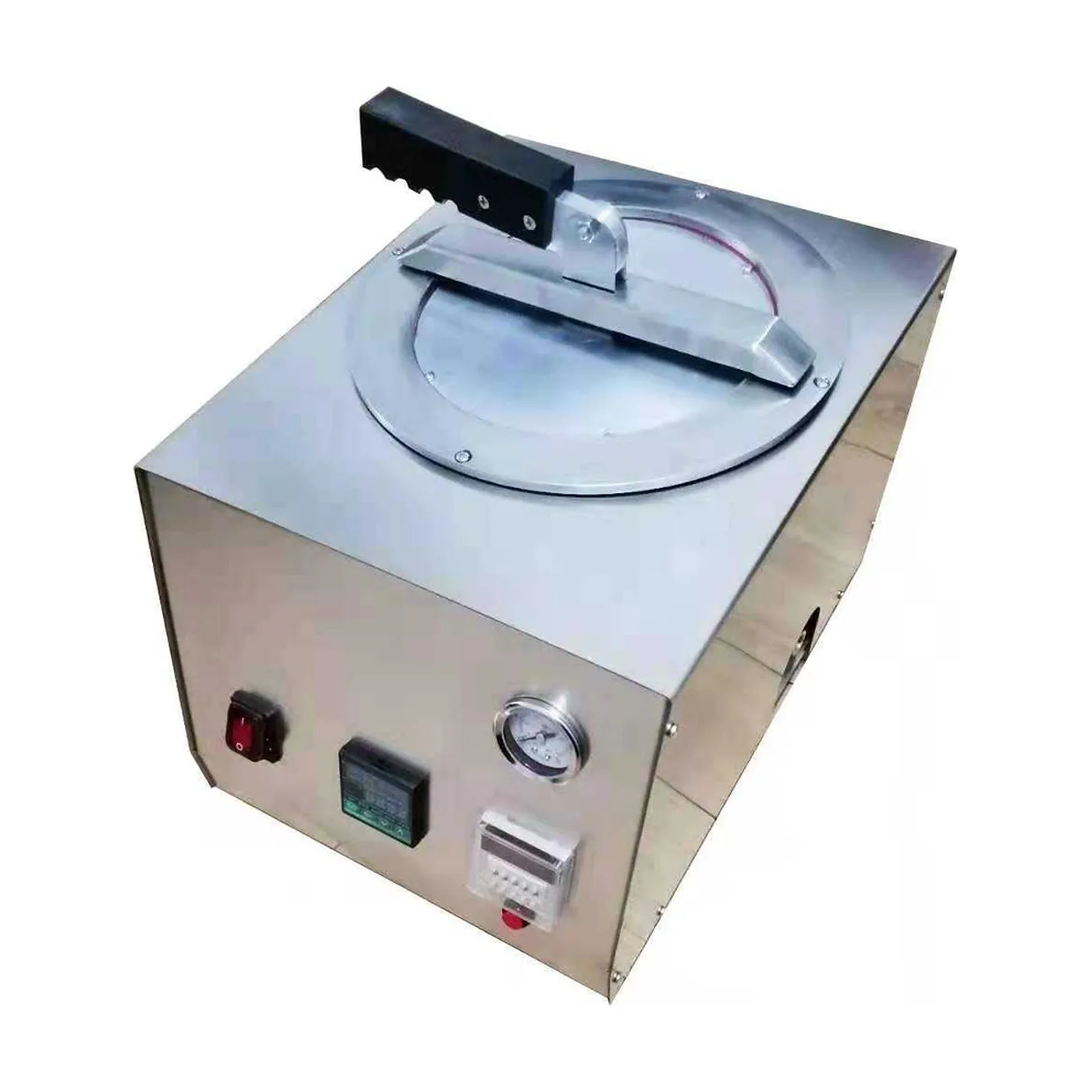 LZJHQ curing pressure pot, raised three-quarter view showing the circular lid seal, clamp arm and stainless housing
