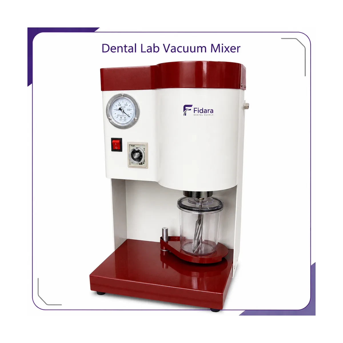 Red and white benchtop vacuum mixer with vacuum gauge, control knob and clear mixing cup under the drive head, studio render