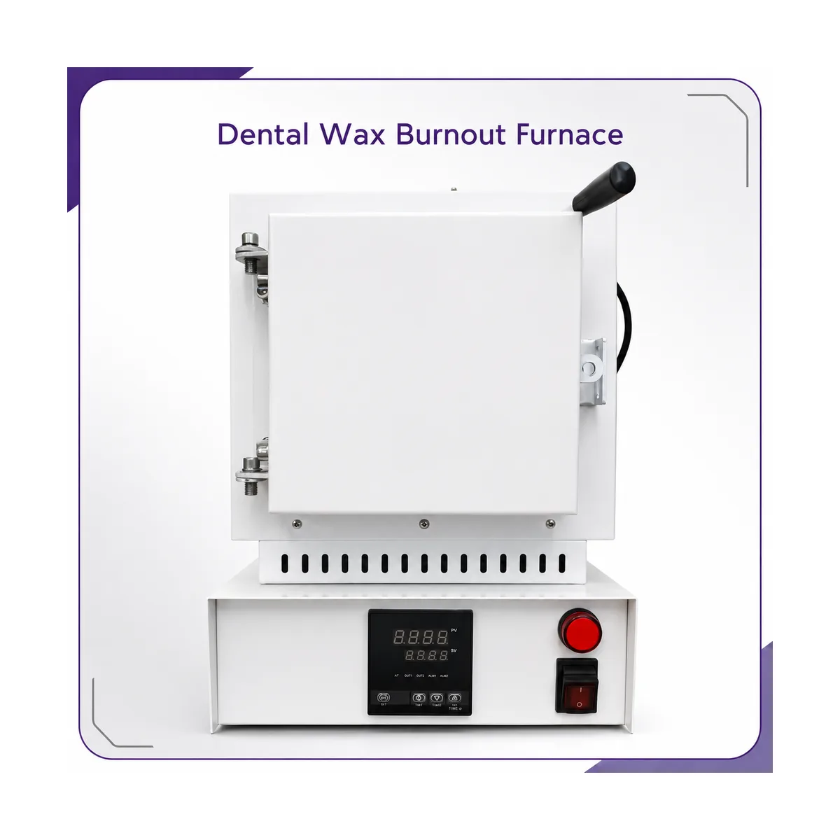 White benchtop burnout furnace with closed door, black lever handle and a PV/SV digital controller