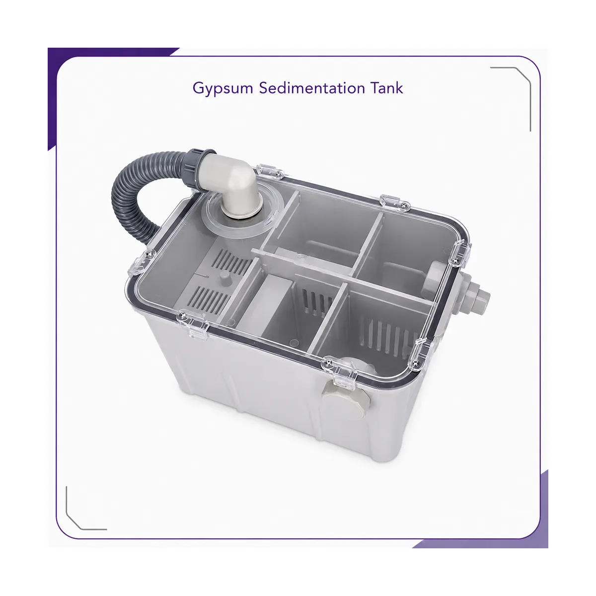 Render of the grey plastic sedimentation tank with its transparent latched lid, internal divider layout and corrugated inlet hose