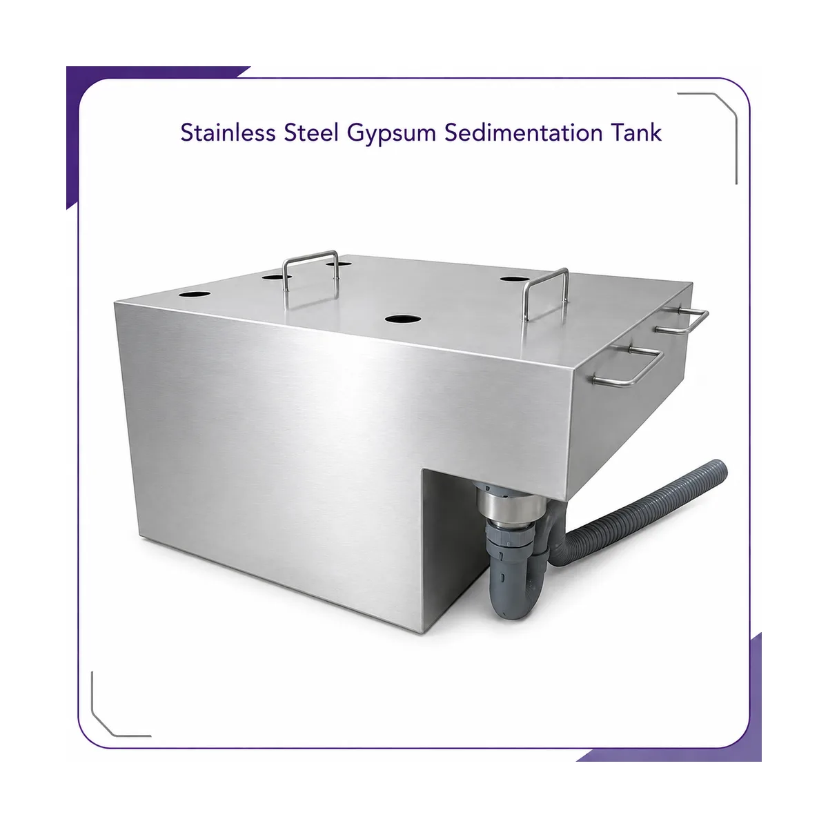 Studio render of the brushed stainless sedimentation tank showing the lid holes, side carry handles and grey drain hose