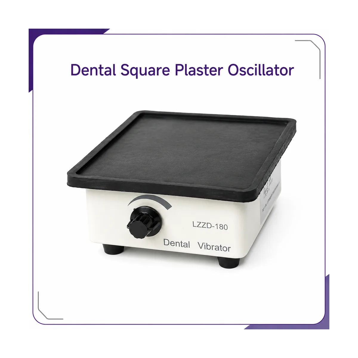 Three-quarter view of the white square vibrator with black rubber platform top and the amplitude dial on the front panel