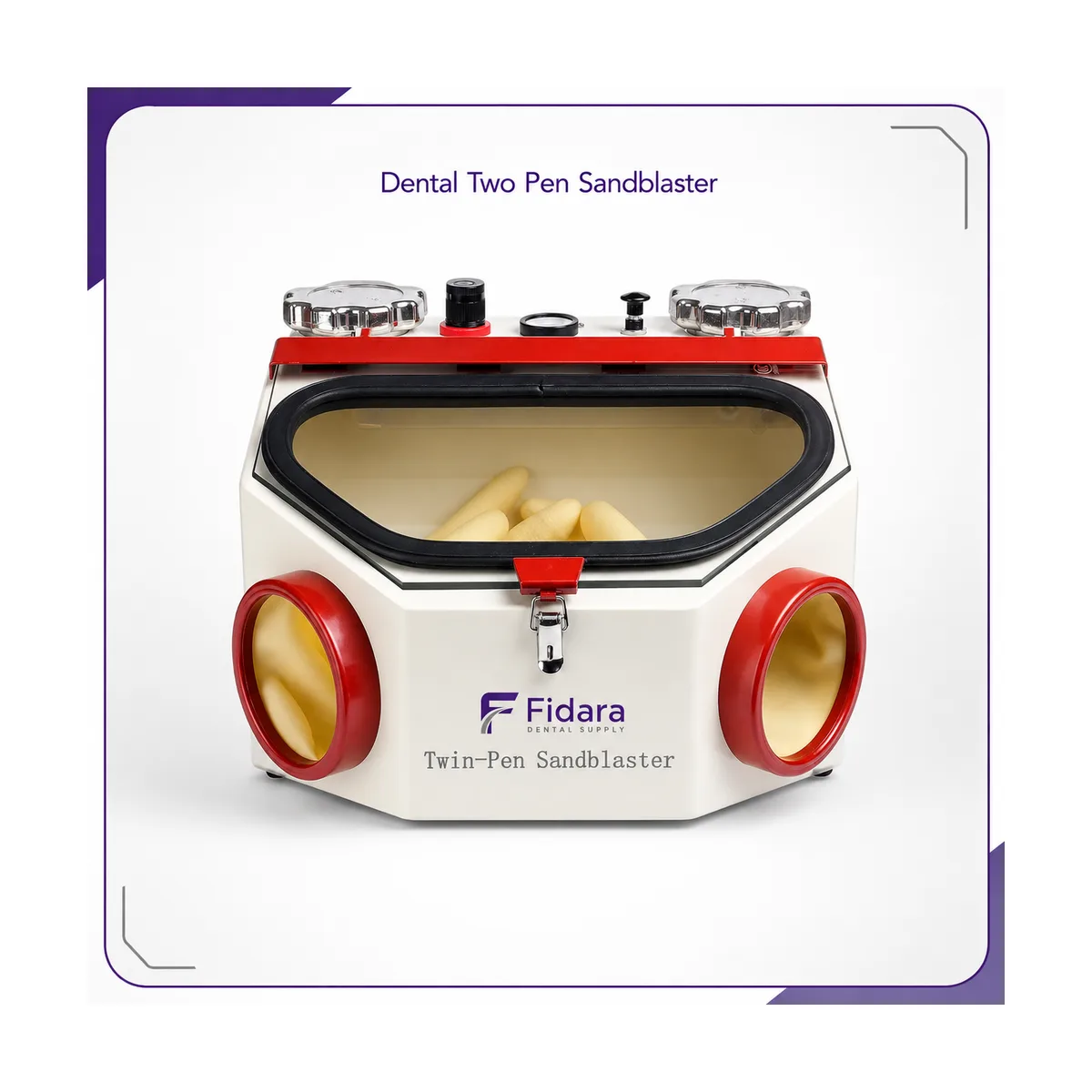 White and red twin-pen sandblaster cabinet with Fidara logo, viewing window, and two glove ports