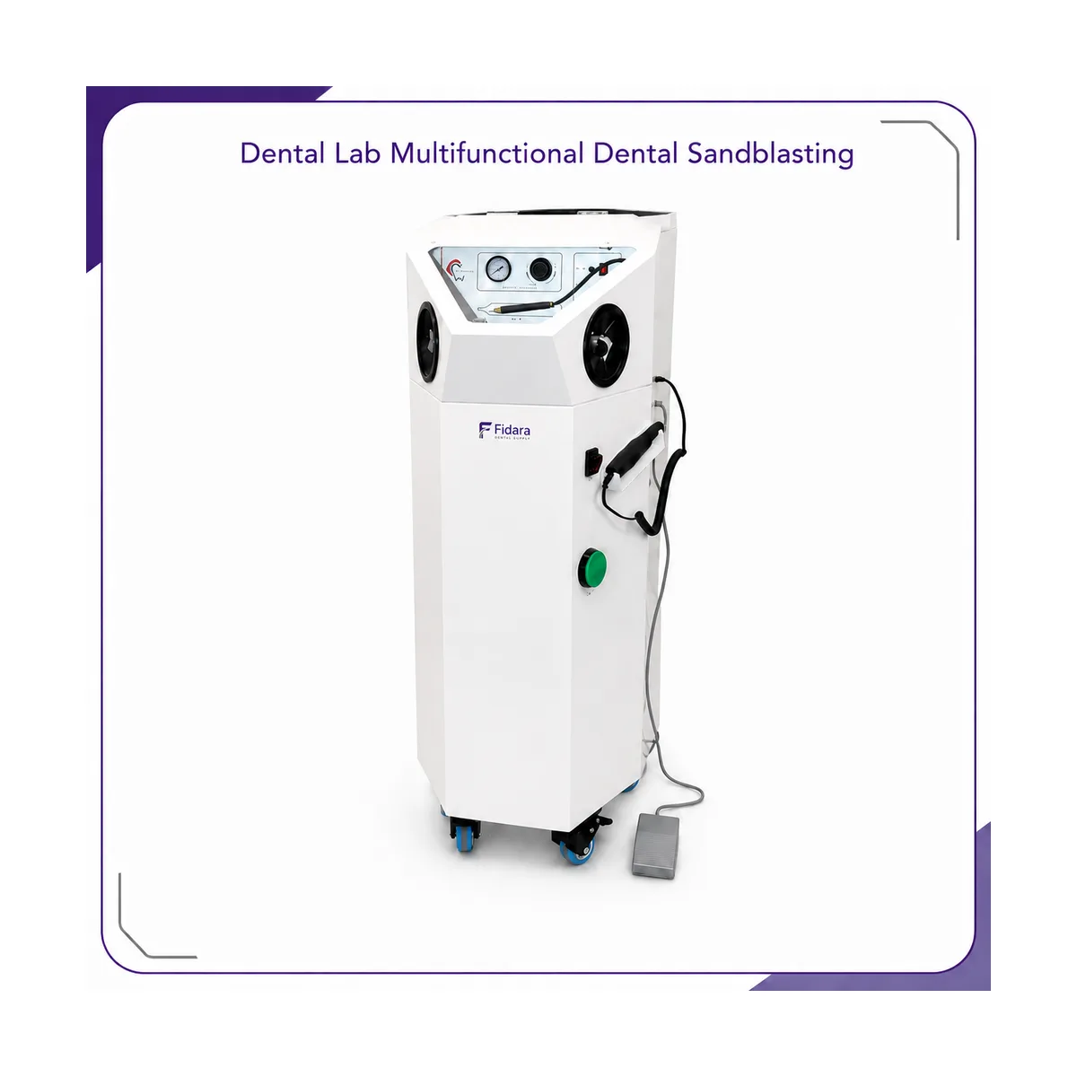 Tall white mobile workstation on casters with Fidara logo, top control panel with gauge, handpiece holder, and foot pedal
