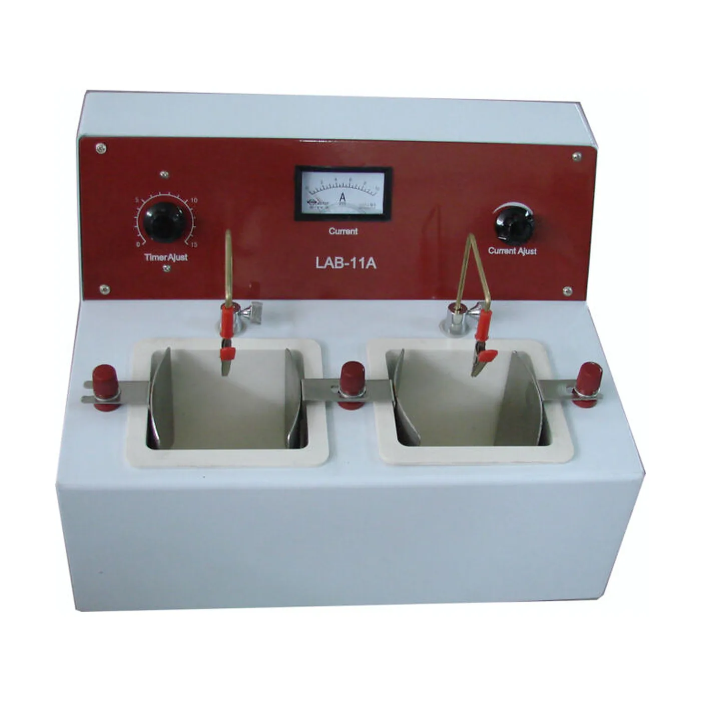 LZDZ-I electrolytic polisher, front elevation showing the control panel with both tank electrodes in position