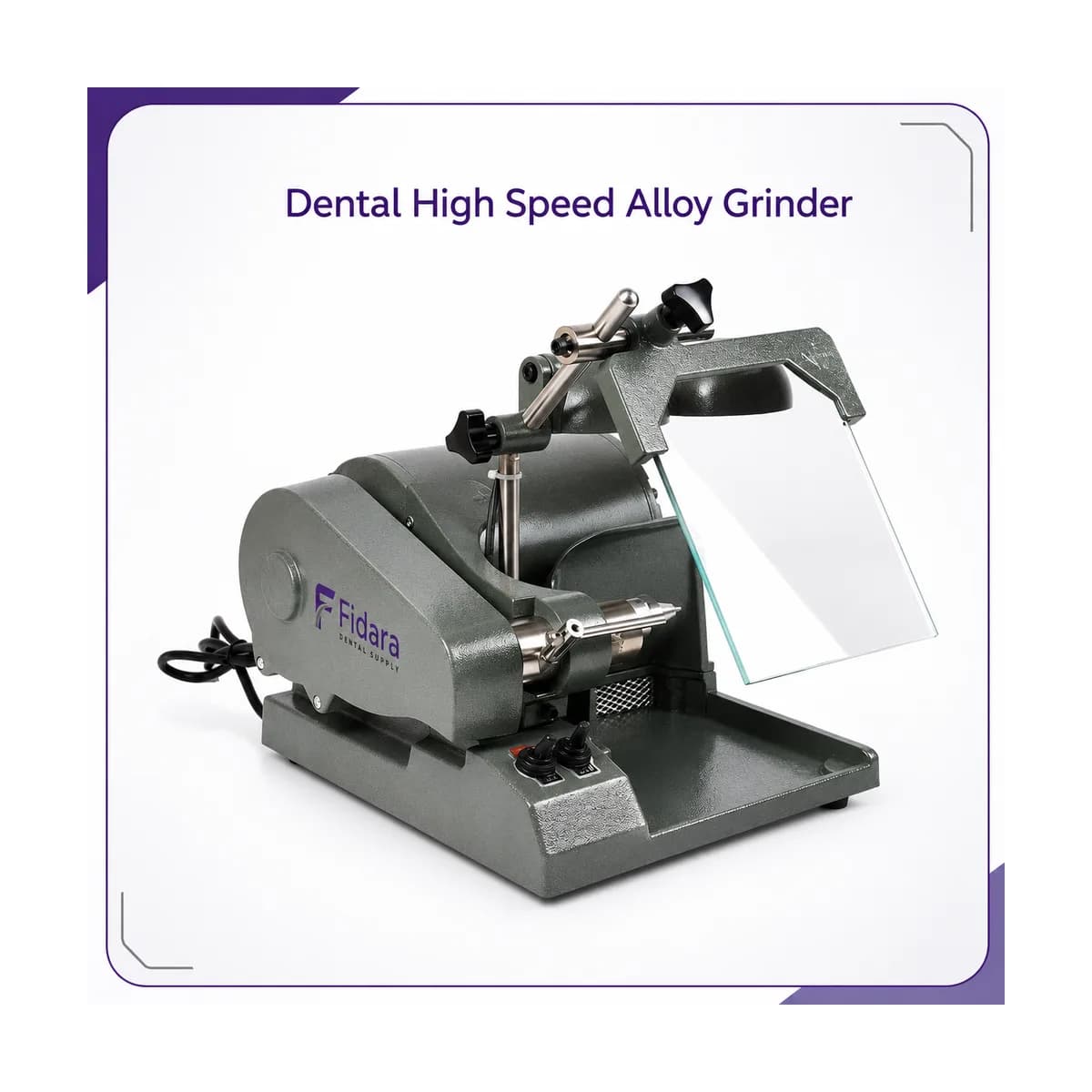 Dark gray benchtop high-speed alloy grinder with Fidara logo, transparent safety shield, and control knobs on the base