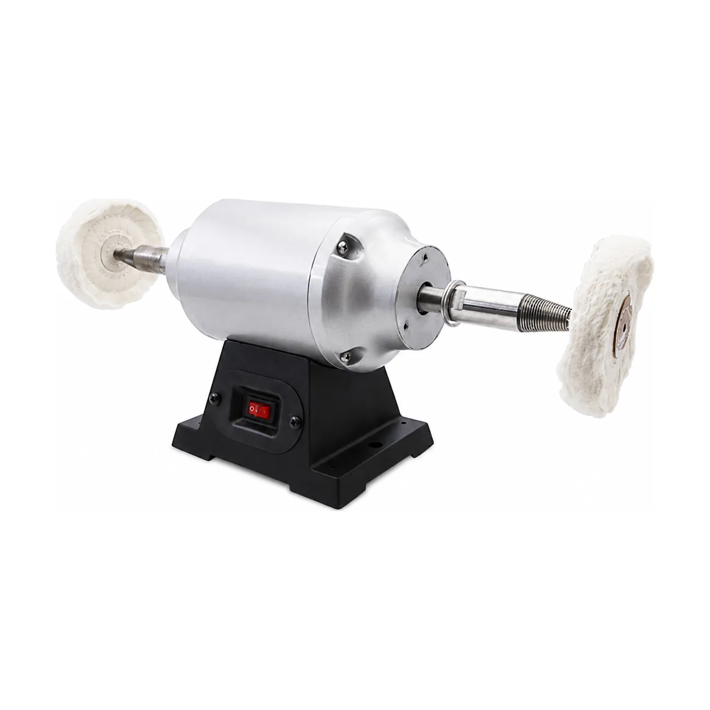 LZPG-I polishing lathe with a buffing mop mounted on each spindle, showing the cast base and the red rocker switch