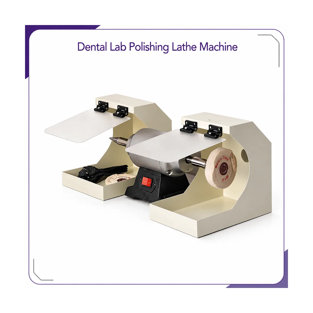 Double-spindle polishing lathe with two hinged white hoods, cloth buffing wheel on the right spindle, and storage tray holding a power cord