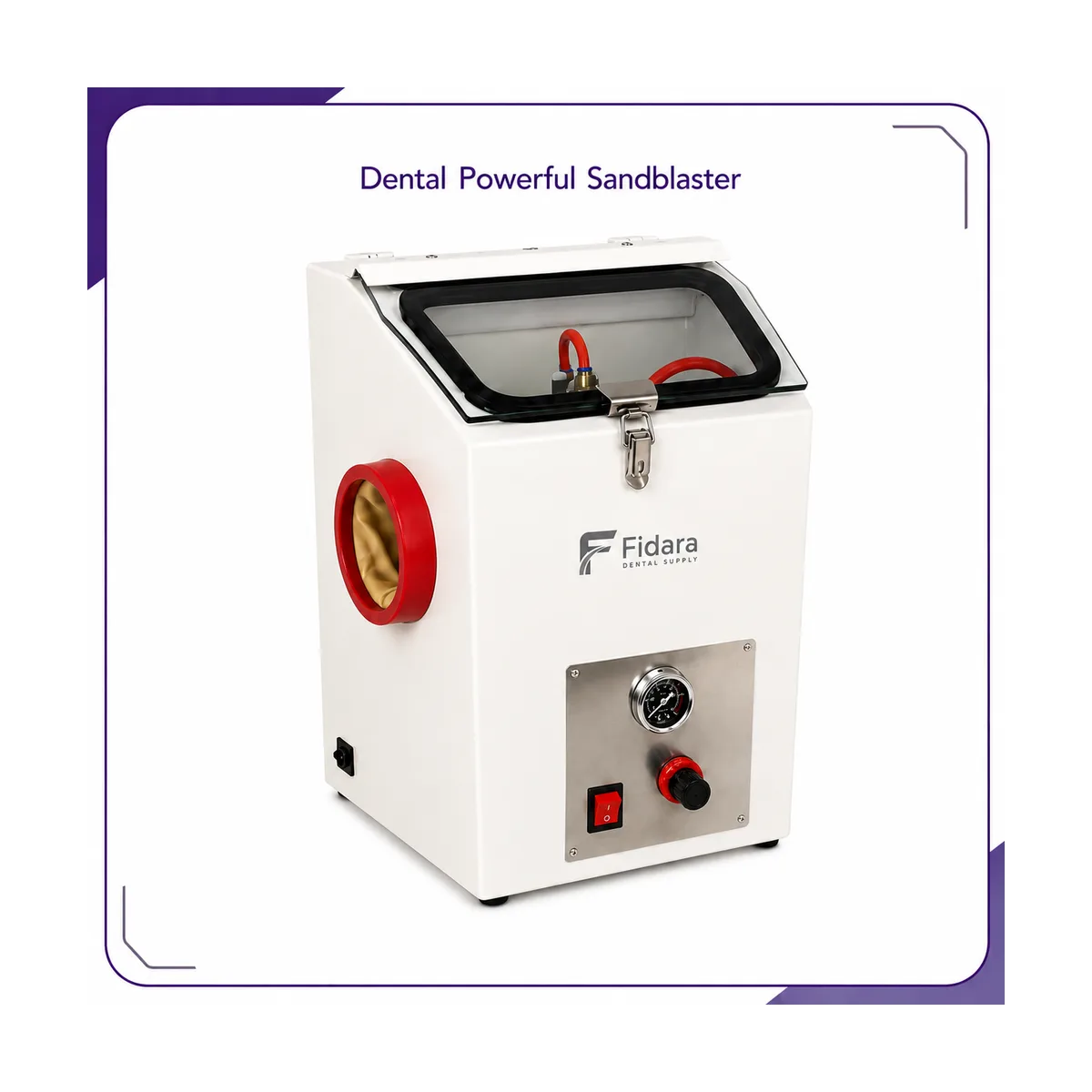 White powerful sandblaster cabinet with Fidara logo, top viewing window, glove port, pressure gauge, and regulator knob