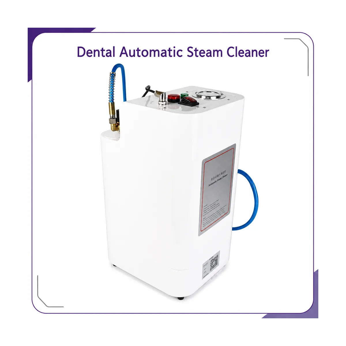 White automatic steam cleaner unit with blue coiled steam hose, brass fittings, red and green buttons and pressure gauge on top, shown in a promotional frame titled Dental Automatic Steam Cleaner