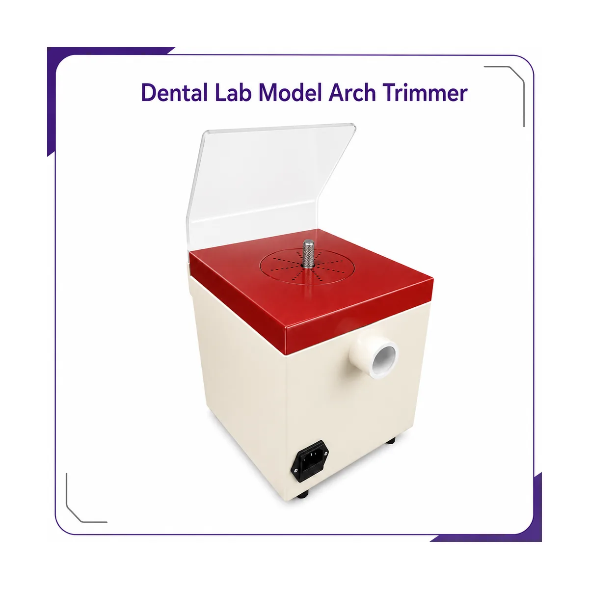 Three-quarter view of the red-and-cream arch trimmer with the clear splash guard raised and the carbide burr in the center of the top plate