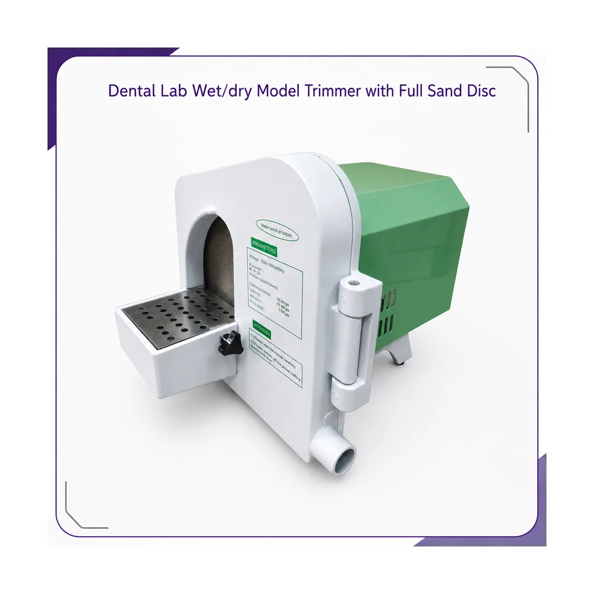 Three-quarter view of the white-and-green trimmer with the perforated work table swung out and a PARAMETERS sticker on the front panel