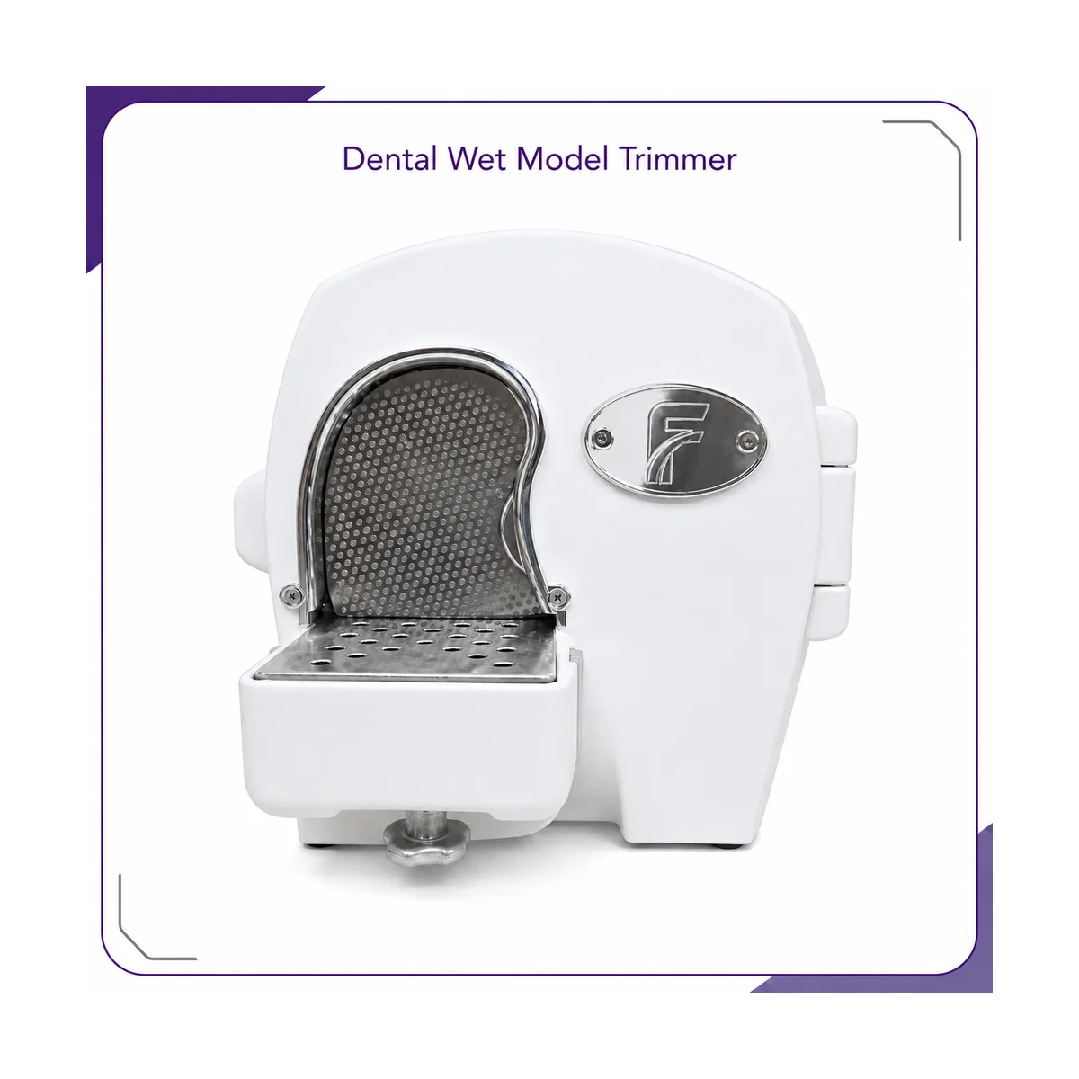Front view of the white wet model trimmer showing the diamond disc behind a chrome-edged guard and the perforated work table below