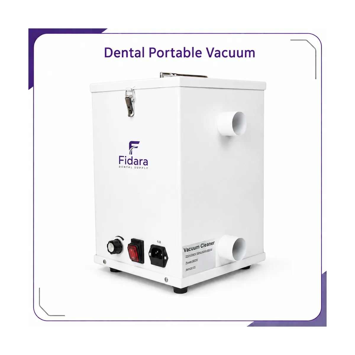 White benchtop dust collector unit with Fidara branding, front knob, red rocker switch, power inlet and a side rating sticker, shown in a promotional frame titled Dental Portable Vacuum