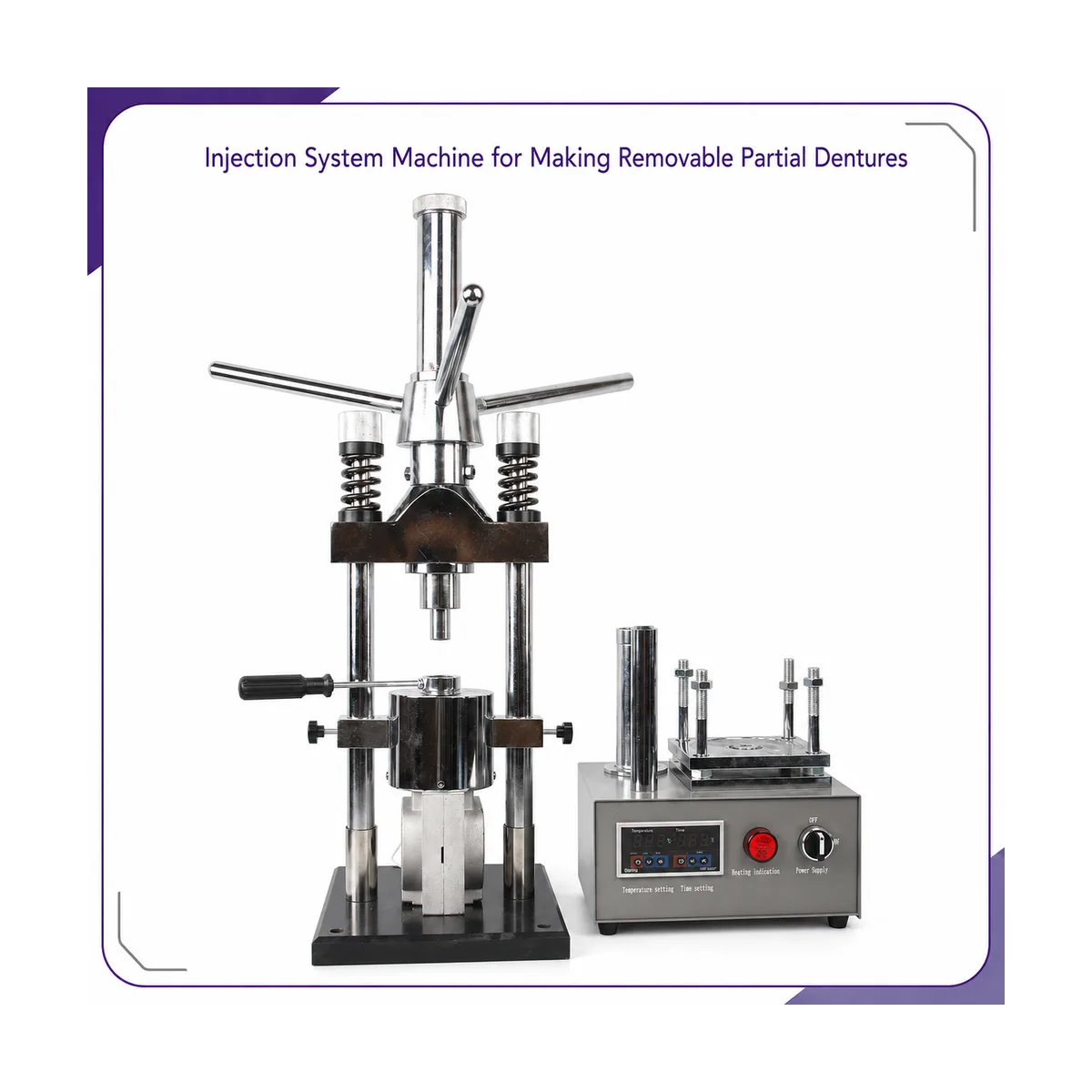 Manual screw press frame with spring columns beside the gray temperature controller with red heating indicator