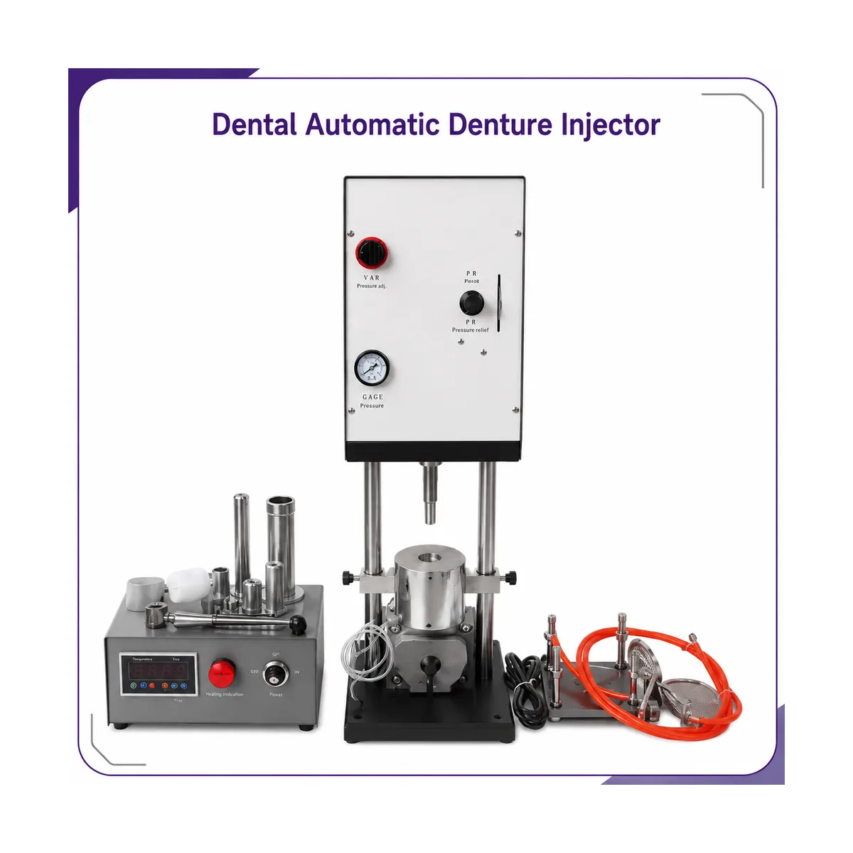 Pneumatic denture injector with pressure gauge and regulator panel, heater controller and foot pedal with orange air hose