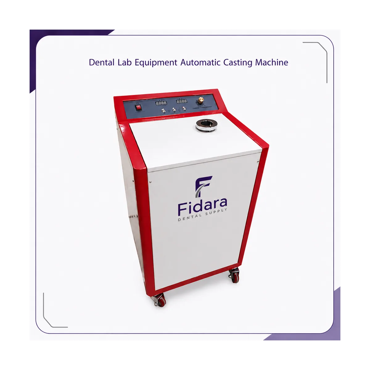 Red and white floor-standing casting machine on casters with Fidara logo and dual digital meters on the sloped control panel